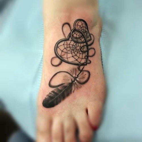 Small Heart Dream Catcher Tattoo On Foot